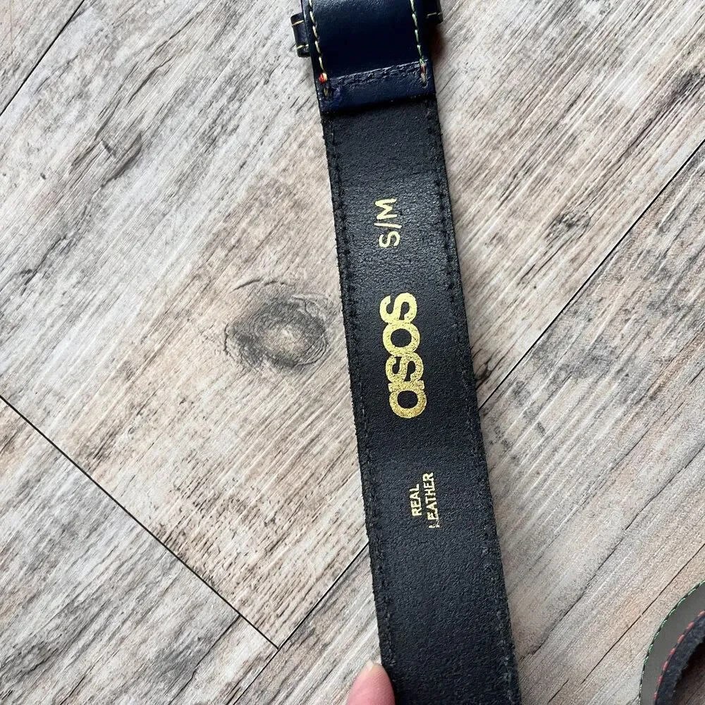 ASOS Genuine Leather Belt Black Rainbow Stitch Size 34 Statement Minimalist